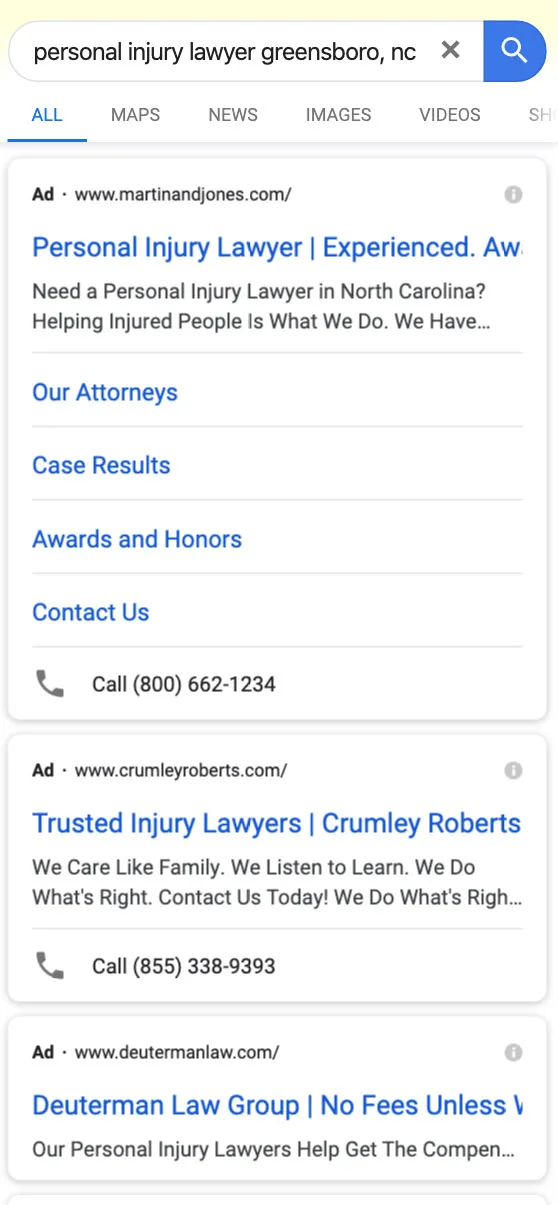 Example of Paid Search on Mobile Device Using Google for Personal Injury Attorney Greensboro, NC