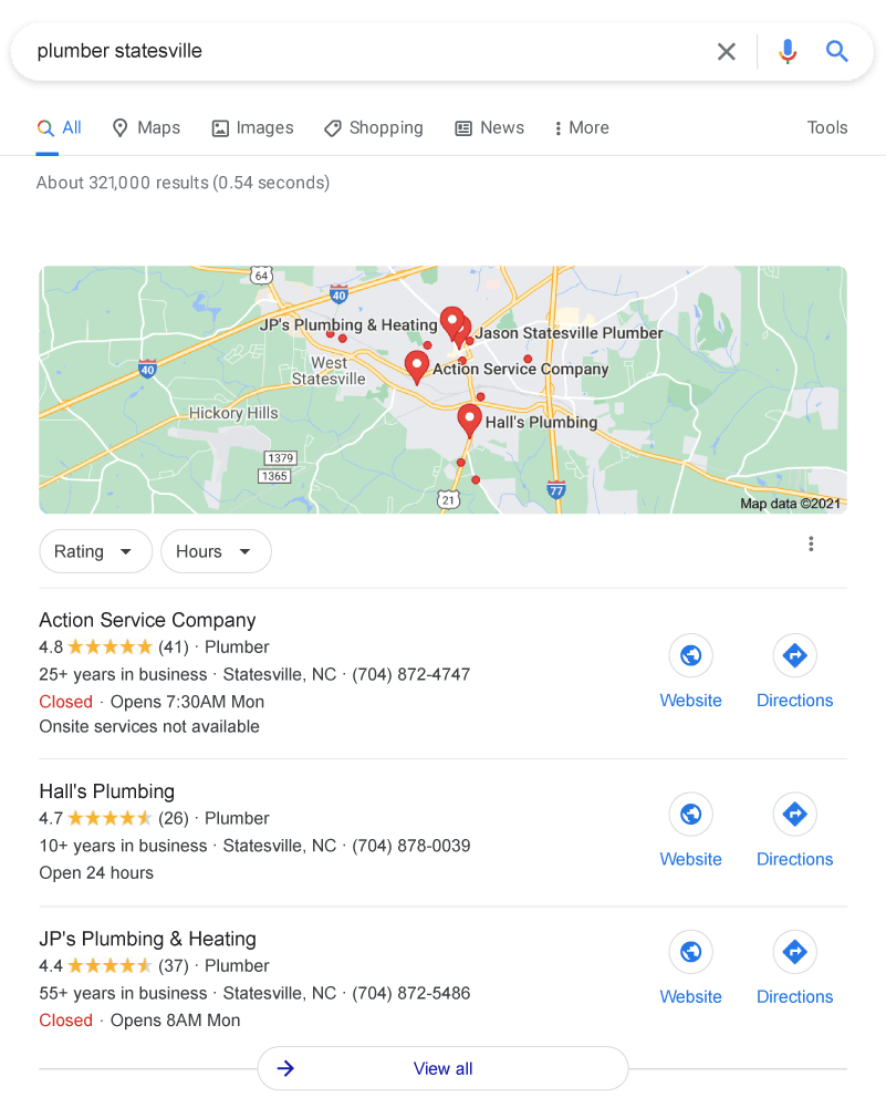 Visual showing local search results for a plumber in Statesville, NC