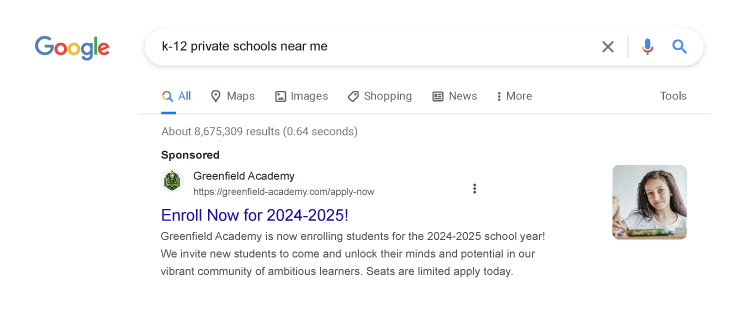 Greenfield Academy our fictional school Google Search ad example.