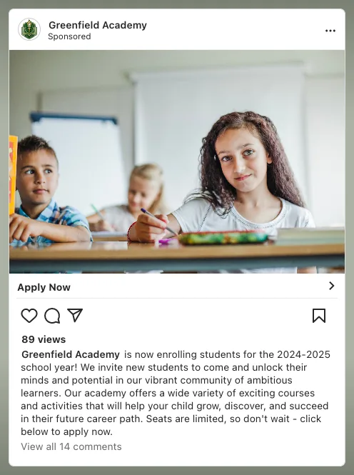 Greenfield Academy our fictional school Facebook ad example.