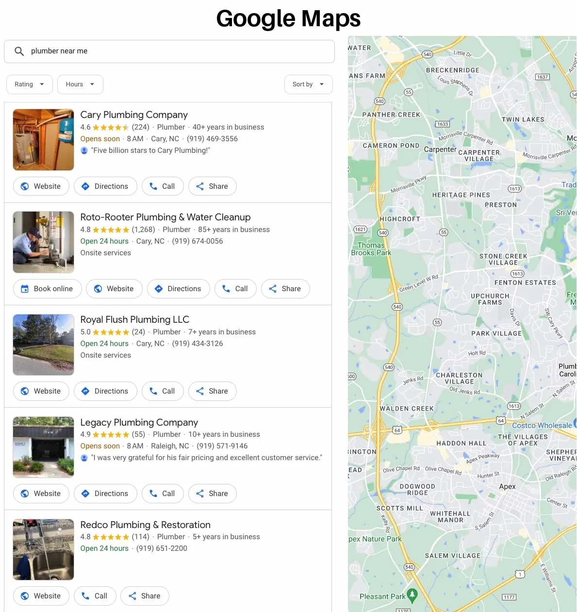 Google Maps for Plumber Near Me in Cary NC - Screenshot from Google