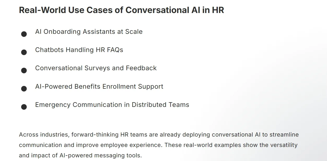DialMyCalls blog post showing a list of real-world conversational AI use cases in HR communication and employee engagement.