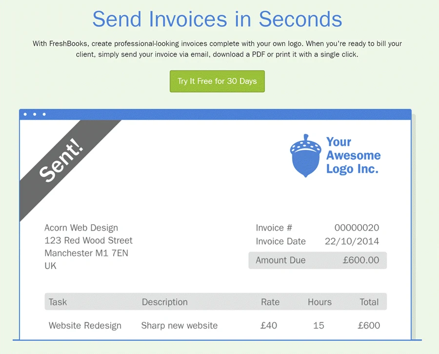 Freshbooks landing page showing "Send invoices in seconds" messaging - an example of simplifying complex tasks