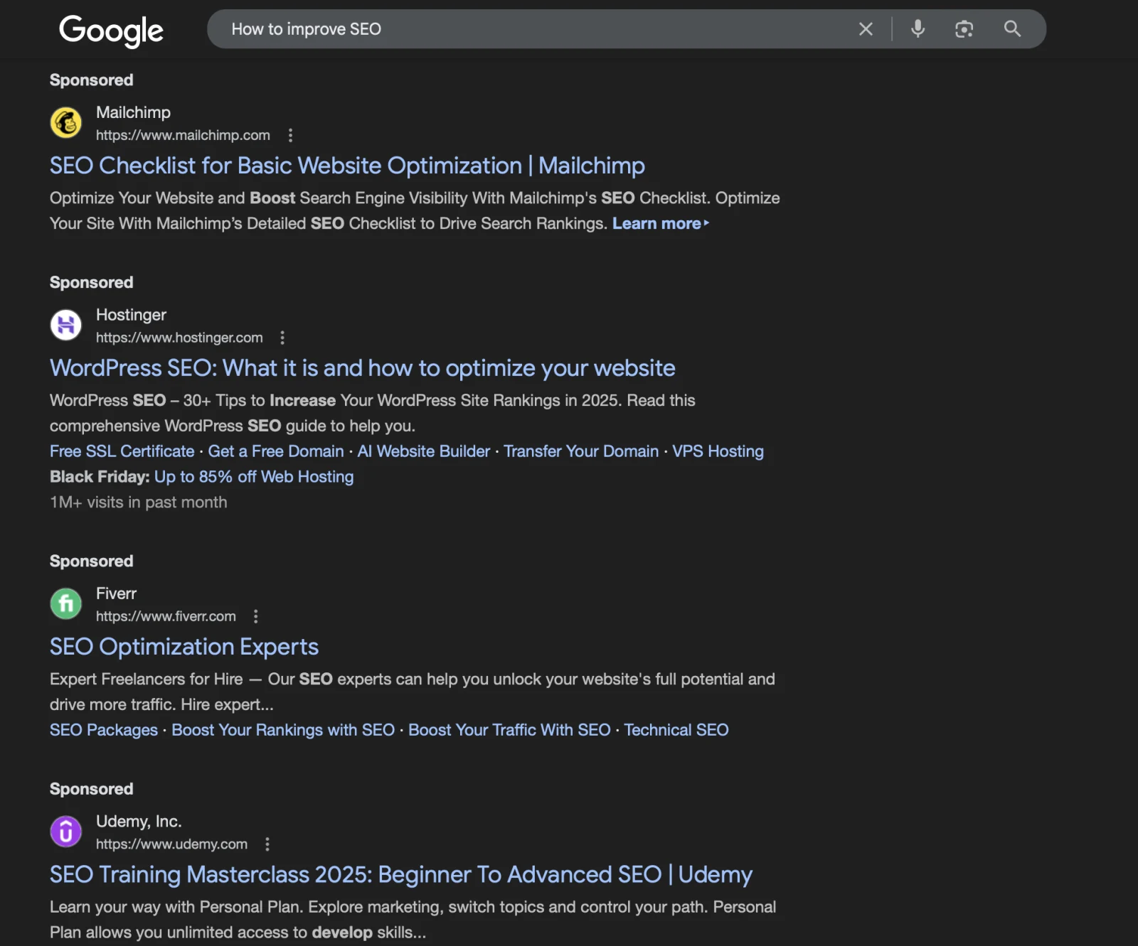 Examples of sponsored ads on Google SERP for keywords, How to Improve SEO