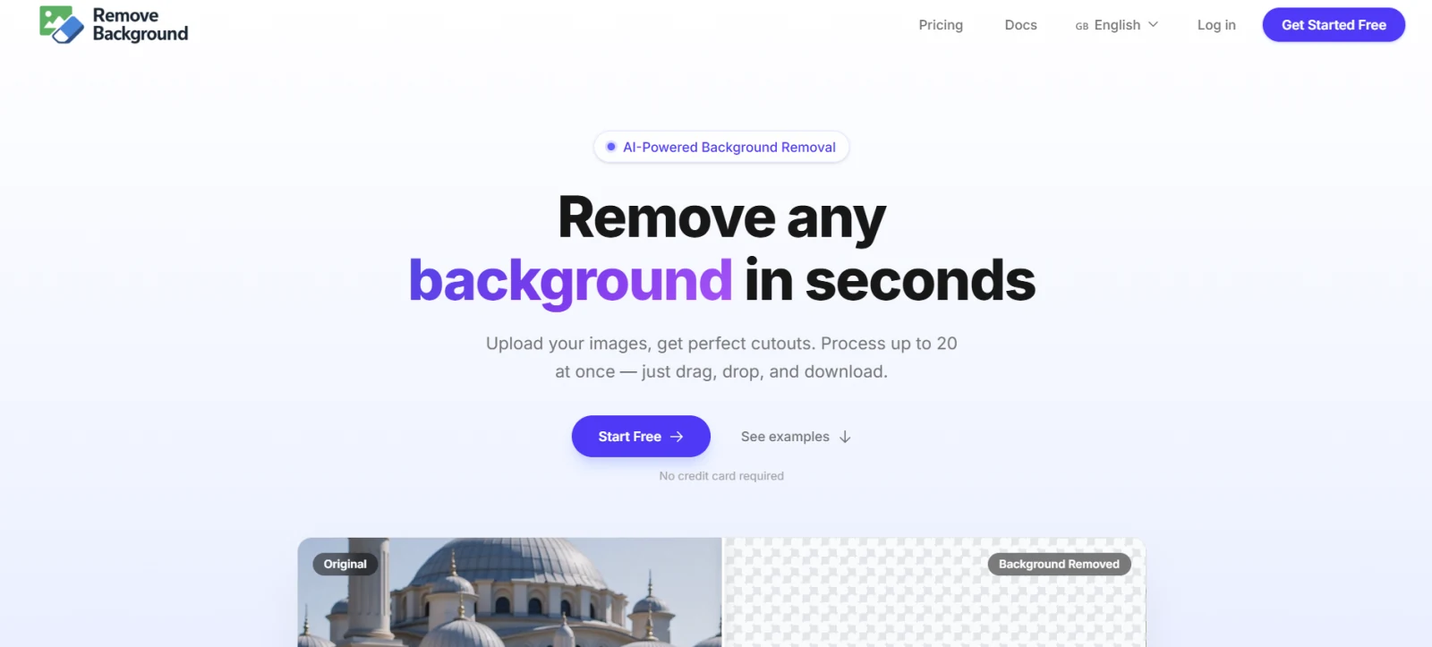 Homepage of the Remove Background AI tool showing the background removal feature