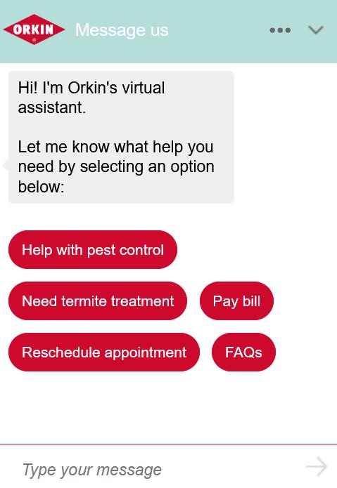 Screenshot of Orkin embedded chatbot used to qualify and attract high-value service clients.