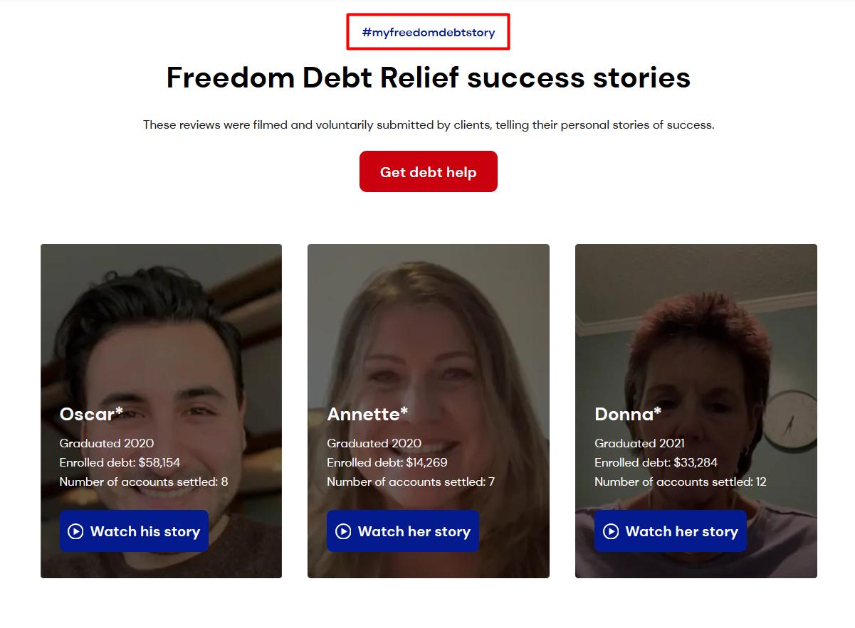 Freedom Debt Relief collects customer testimonials about their financial services.