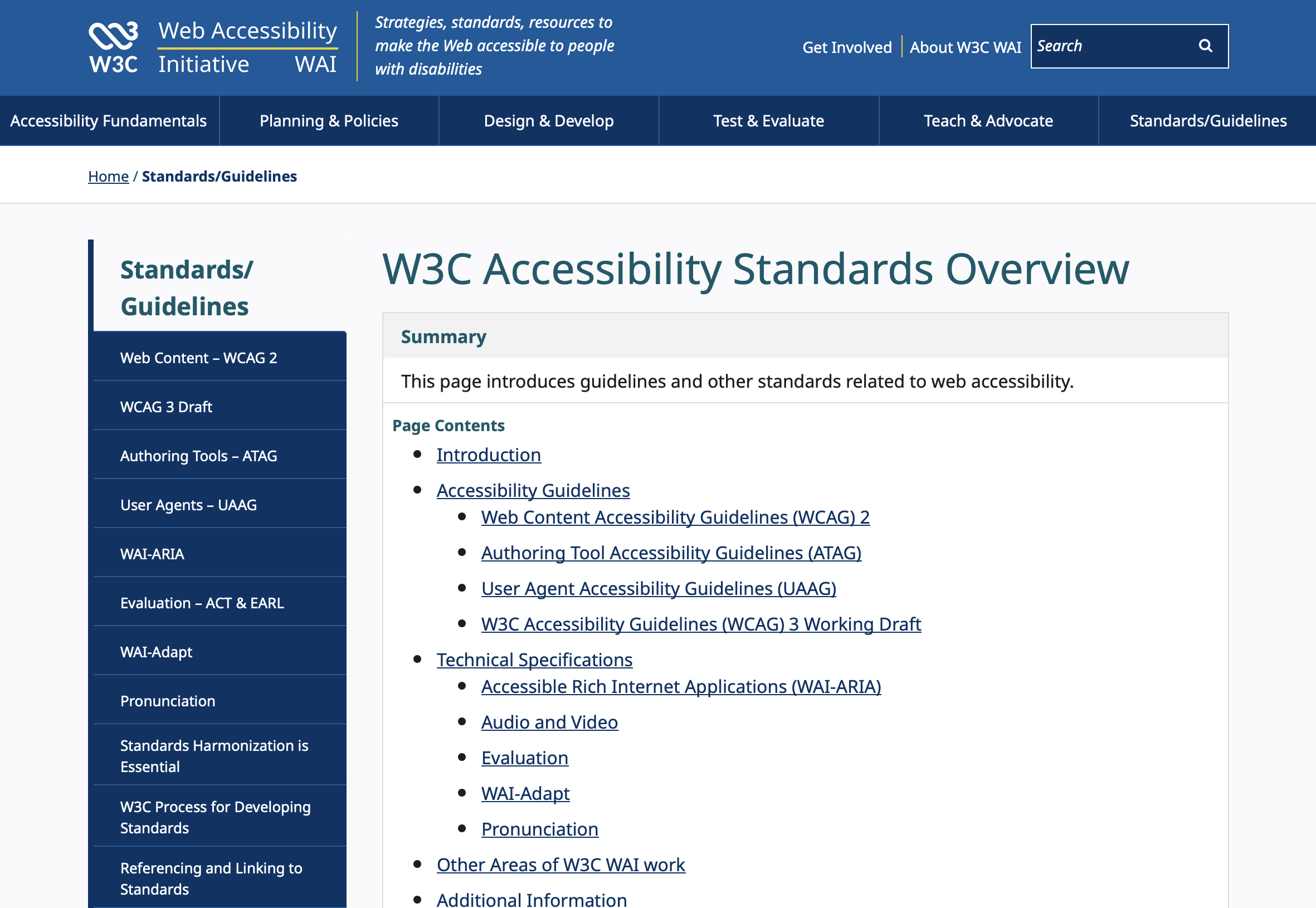 The W3C page for the accessibility standards showing links to specific guidelines